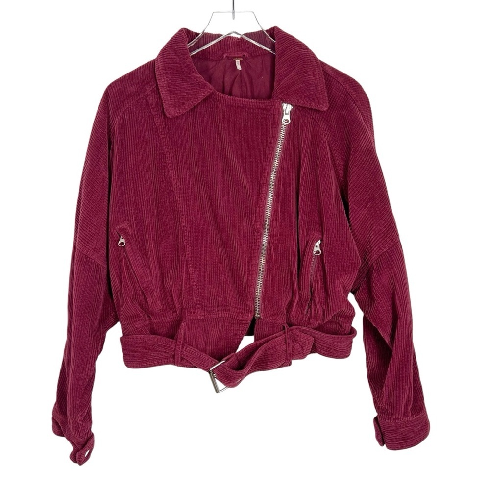 FREE PEOPLE Small Wine Burgundy Slouchy Corduroy Assymetrical Zip Crop Jacket